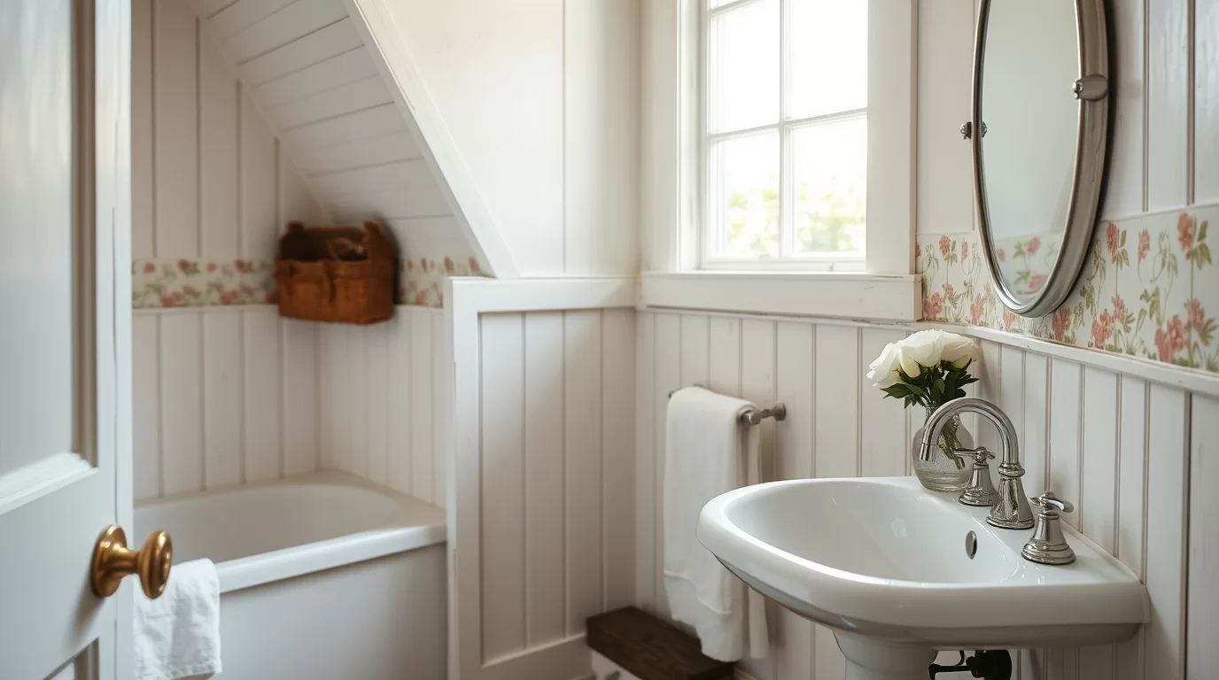 Merkmale des Landhausstils im Badezimmer mit Holz und sanften Farben.