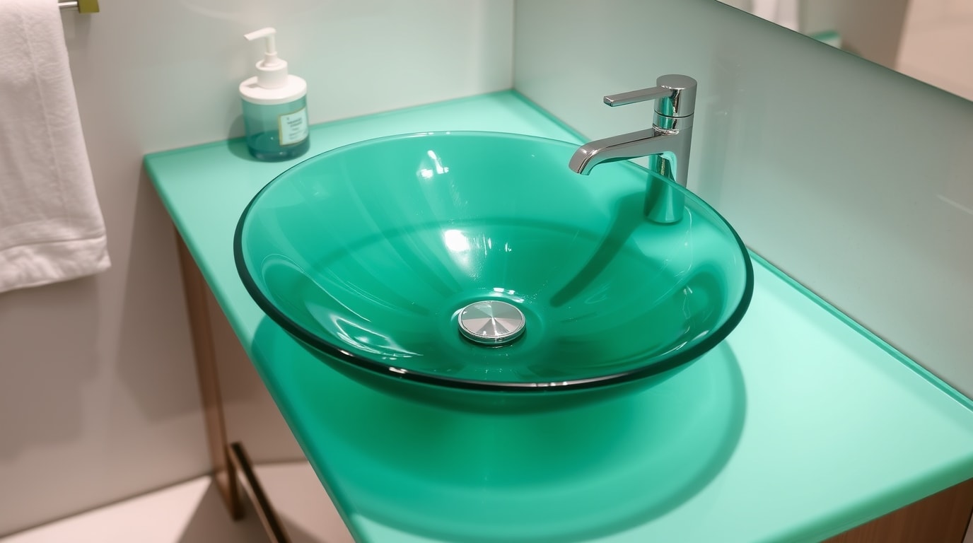Ein modernes Badezimmer mit einem grünen Waschtisch und Glaswaschbecken.