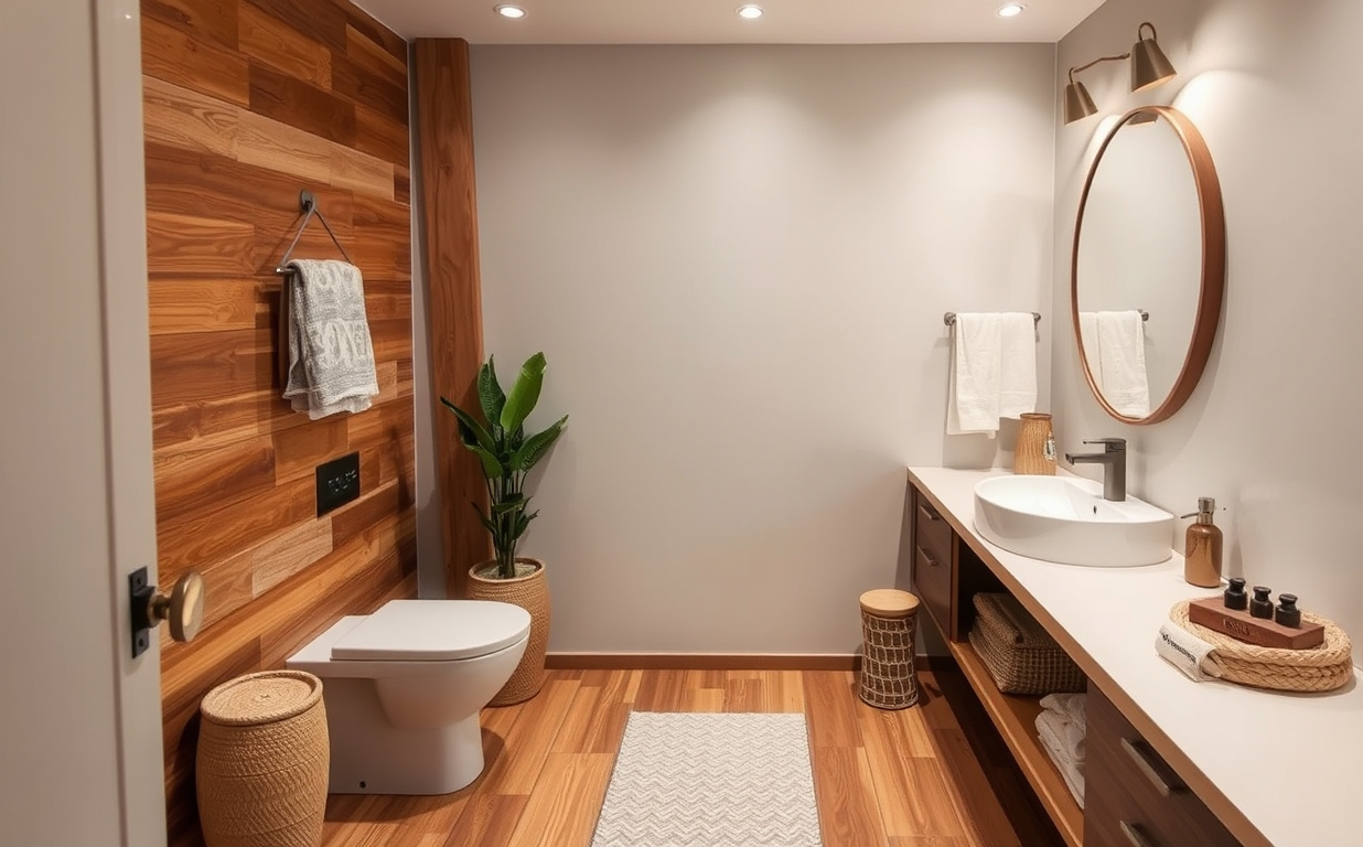 Dekorative Accessoires und Pflanzen in einem Boho Badezimmer.