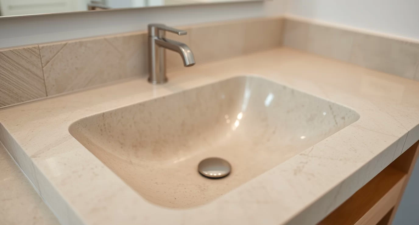 Naturstein Waschtisch in einem eleganten Badezimmer, der die Schönheit der Materialien zeigt.