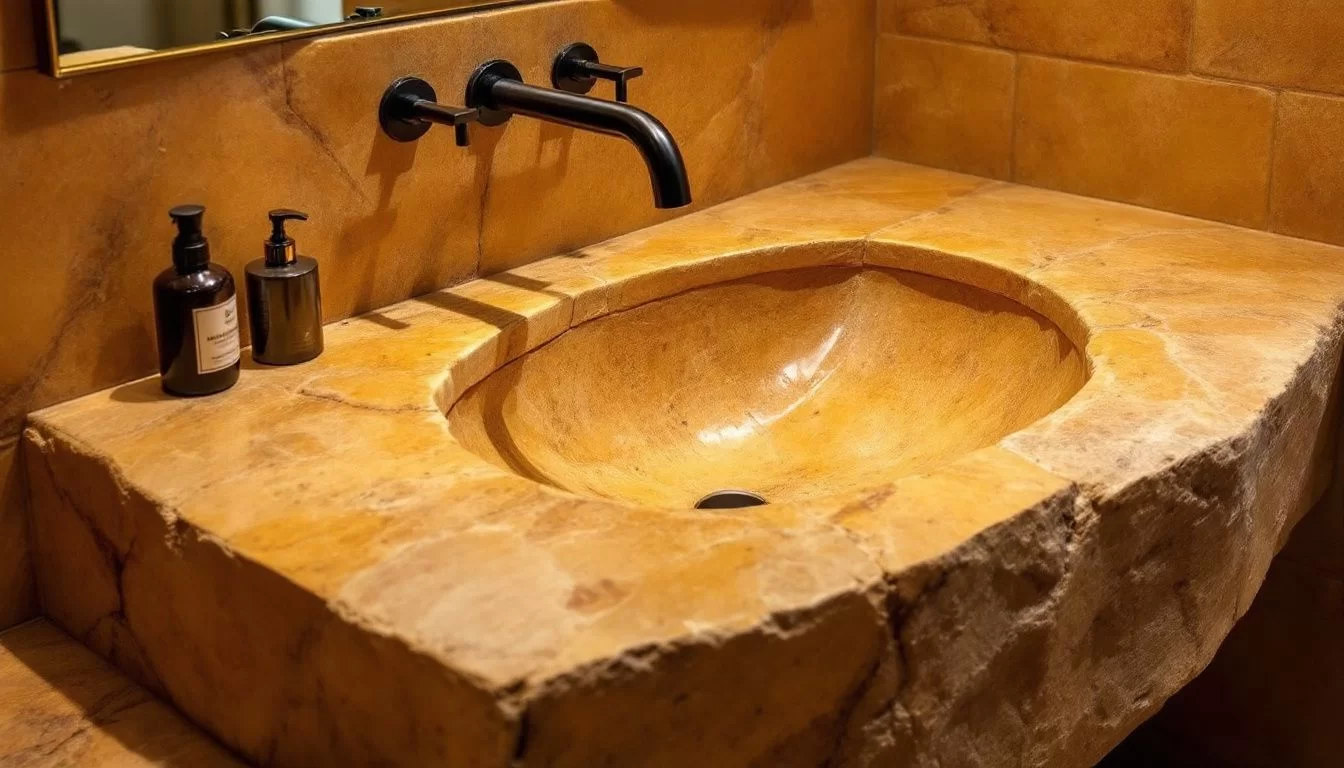 Ein gemauerter Waschtisch in einem modernen Badezimmer.