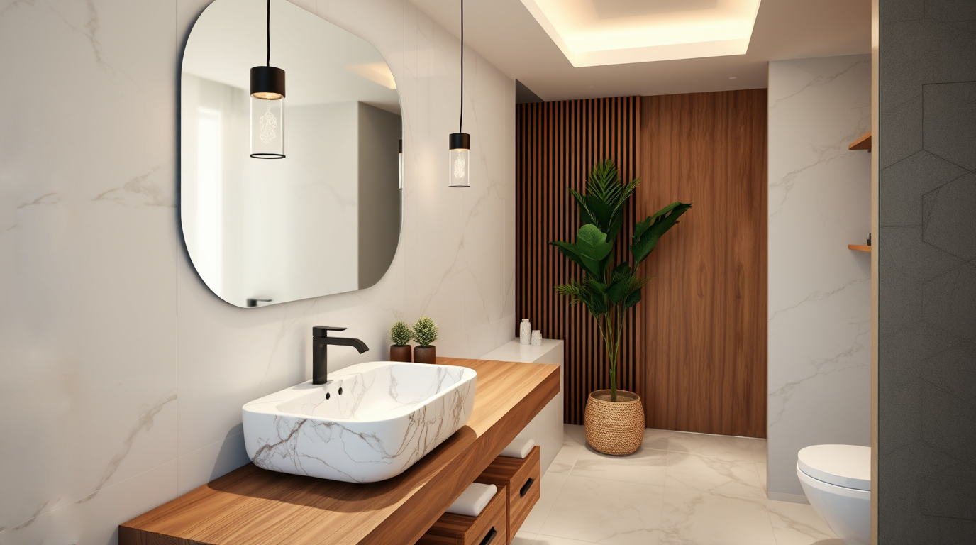 Ein modernes Badezimmer mit einem eleganten Marmoroptik-Waschbecken.