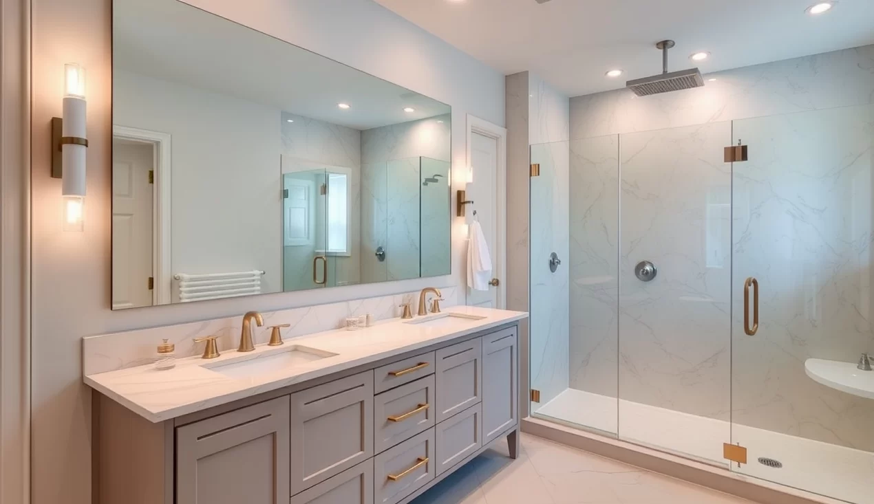 Eine moderne Dusche, die aus einer Badewanne umgebaut wurde.