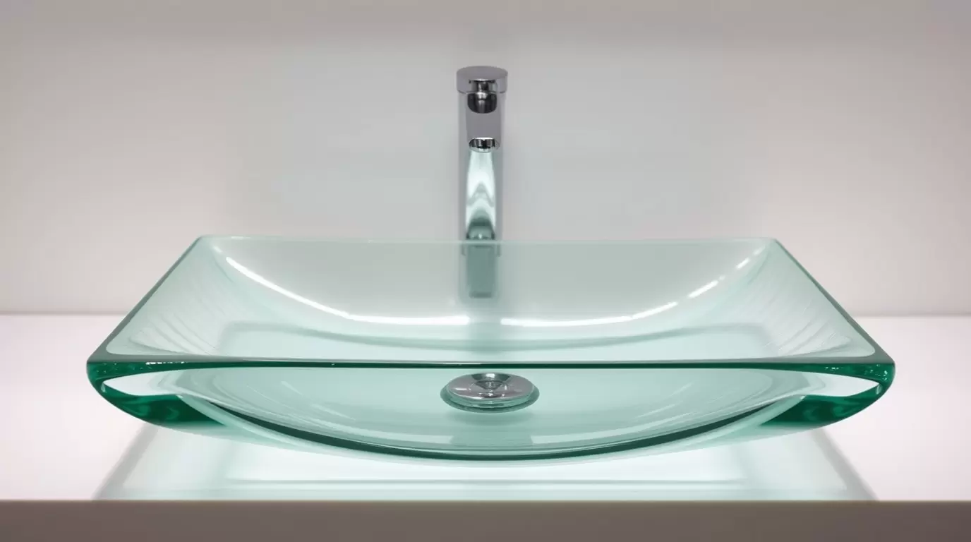 Ein quadratisches Waschbecken aus Glas