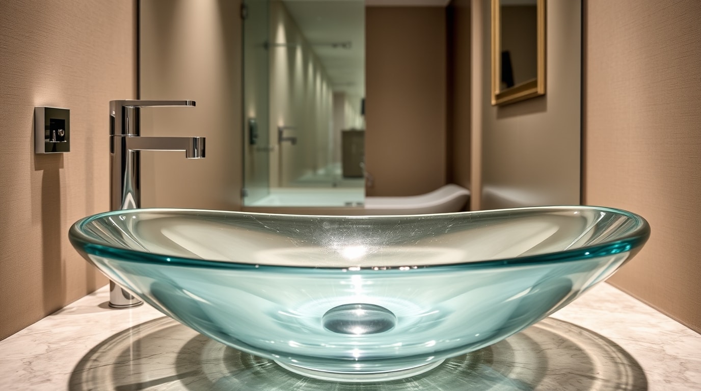 Ein modernes Badezimmer mit einem Glaswaschtisch, der elegant in die Einrichtung integriert ist.