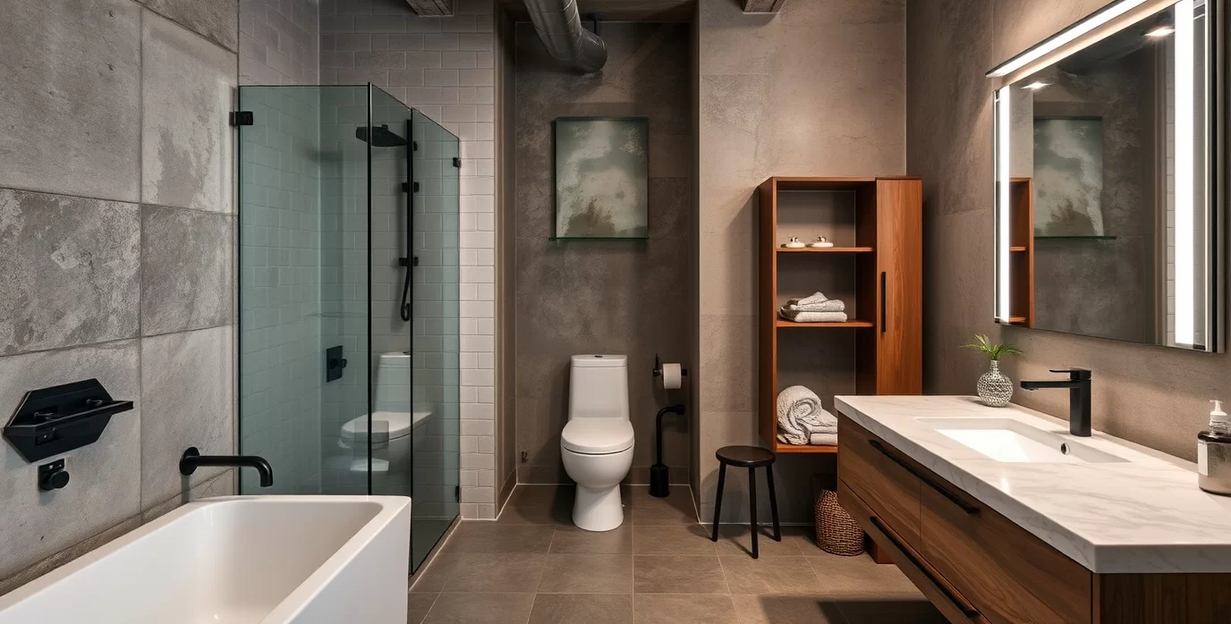 Badezimmermöbel im Industrial Look mit Holz- und Metallelementen.