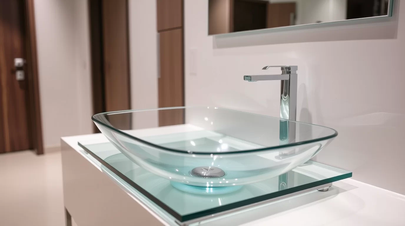 Ein Glaswaschtisch in einem stilvollen Badezimmer, das die verschiedenen Oberflächen zeigt.