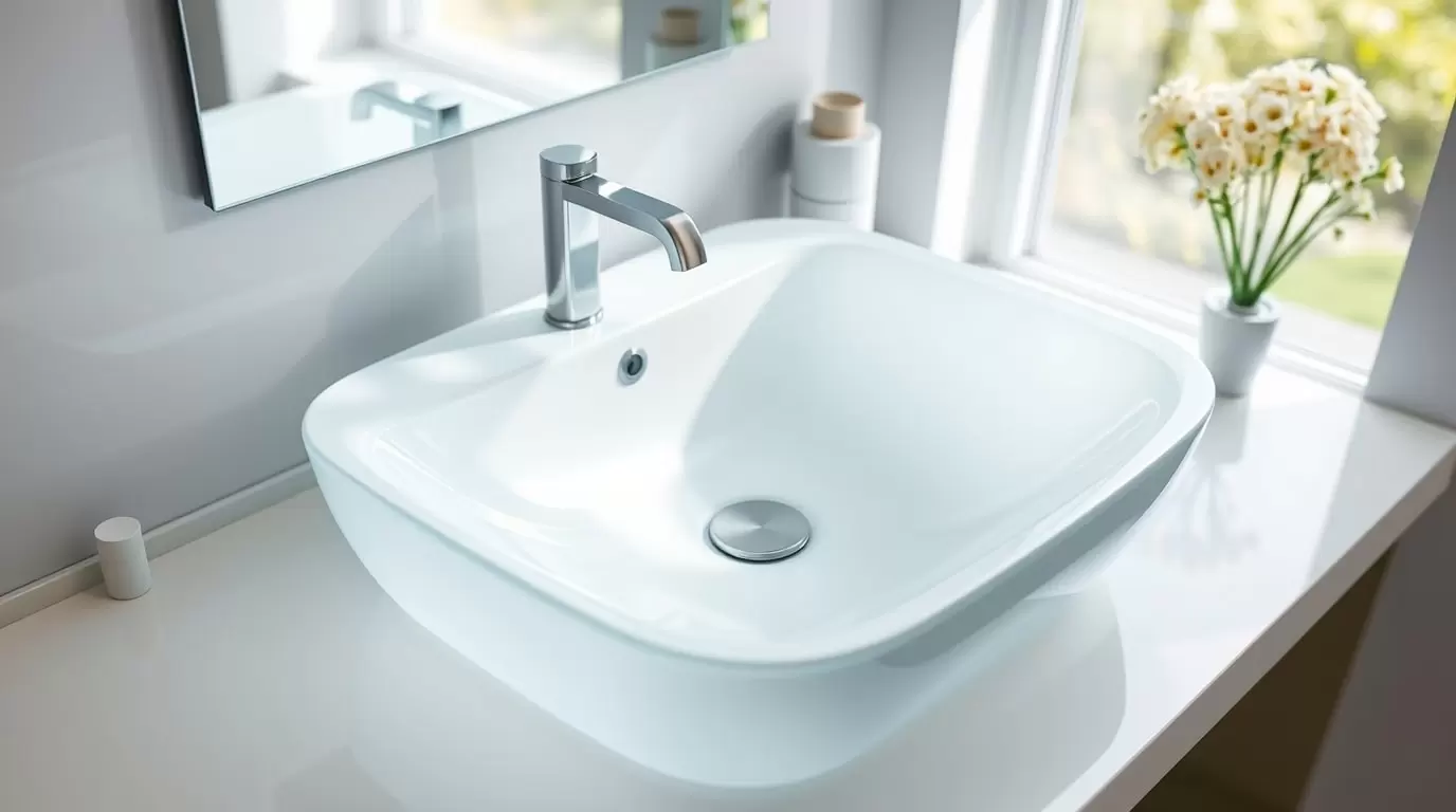 Sanitär Acryl Waschtisch in einem modernen Badezimmer, der die Vorteile des Materials zeigt.