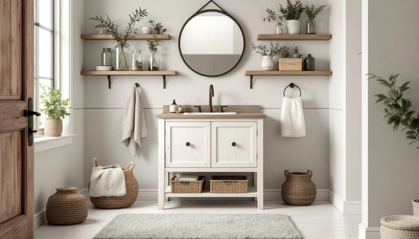Möbel im Landhausstil für das Badezimmer, darunter ein Waschtisch und Holzregale.