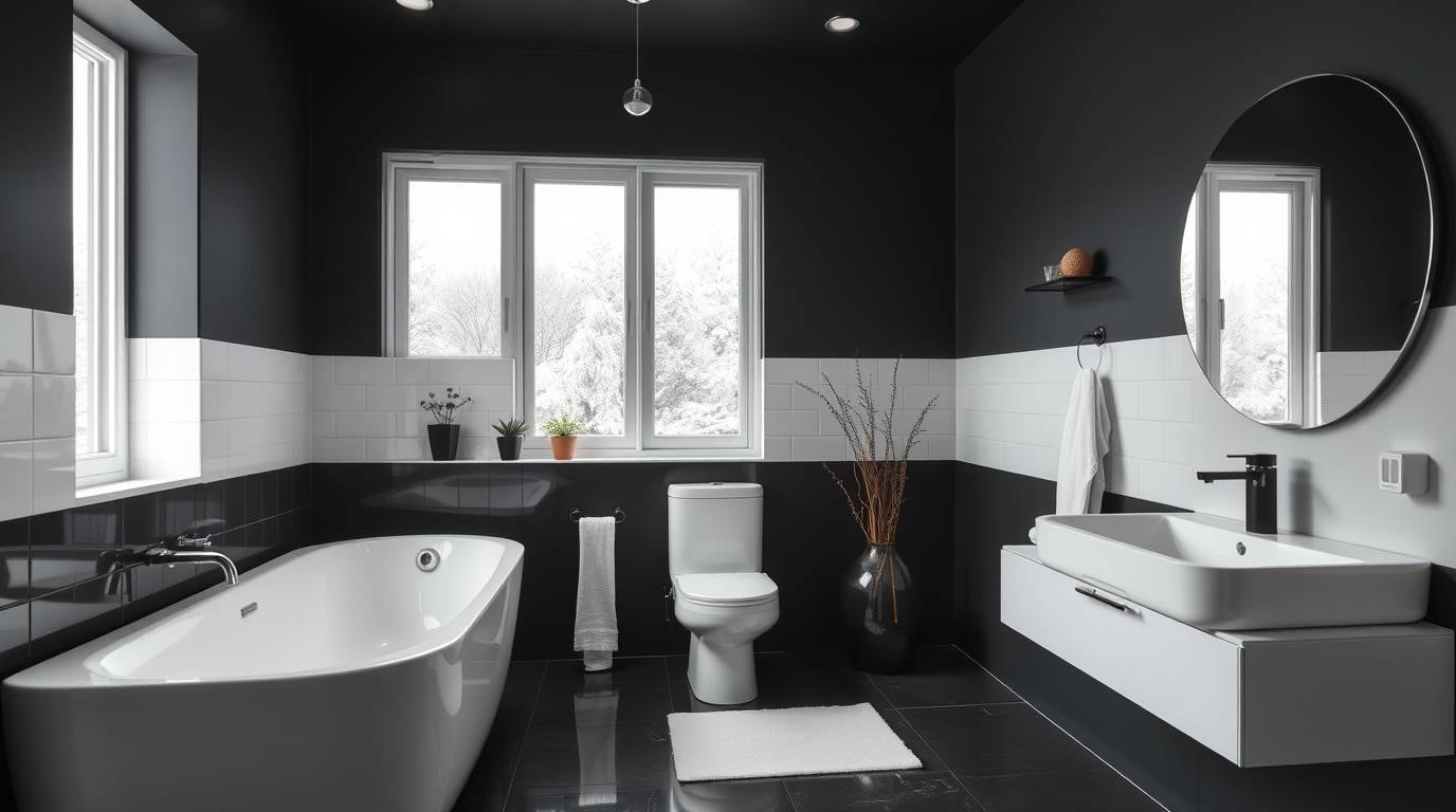 Zeitlose Eleganz mit Schwarz-Weiß-Kontrasten im Badezimmer, passend zum Trend 3
