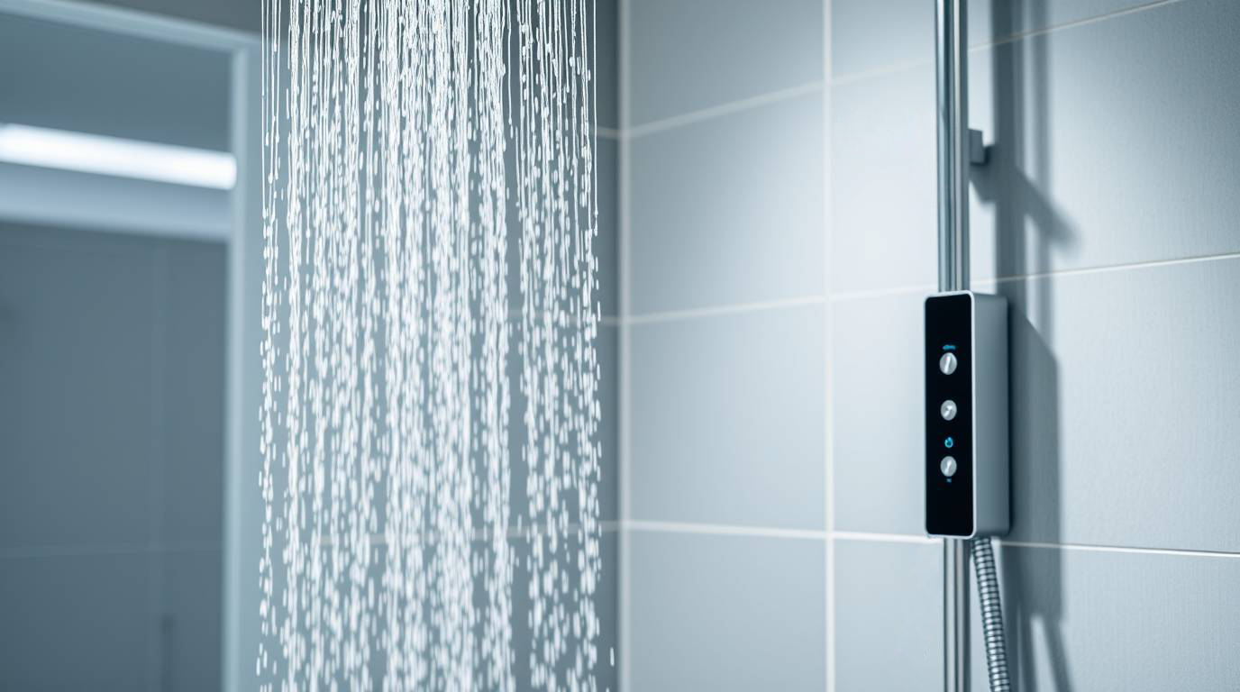 Illustration einer modernen smarten Dusche mit individuellen Anpassungsmöglichkeiten und effizienter Wassernutzung