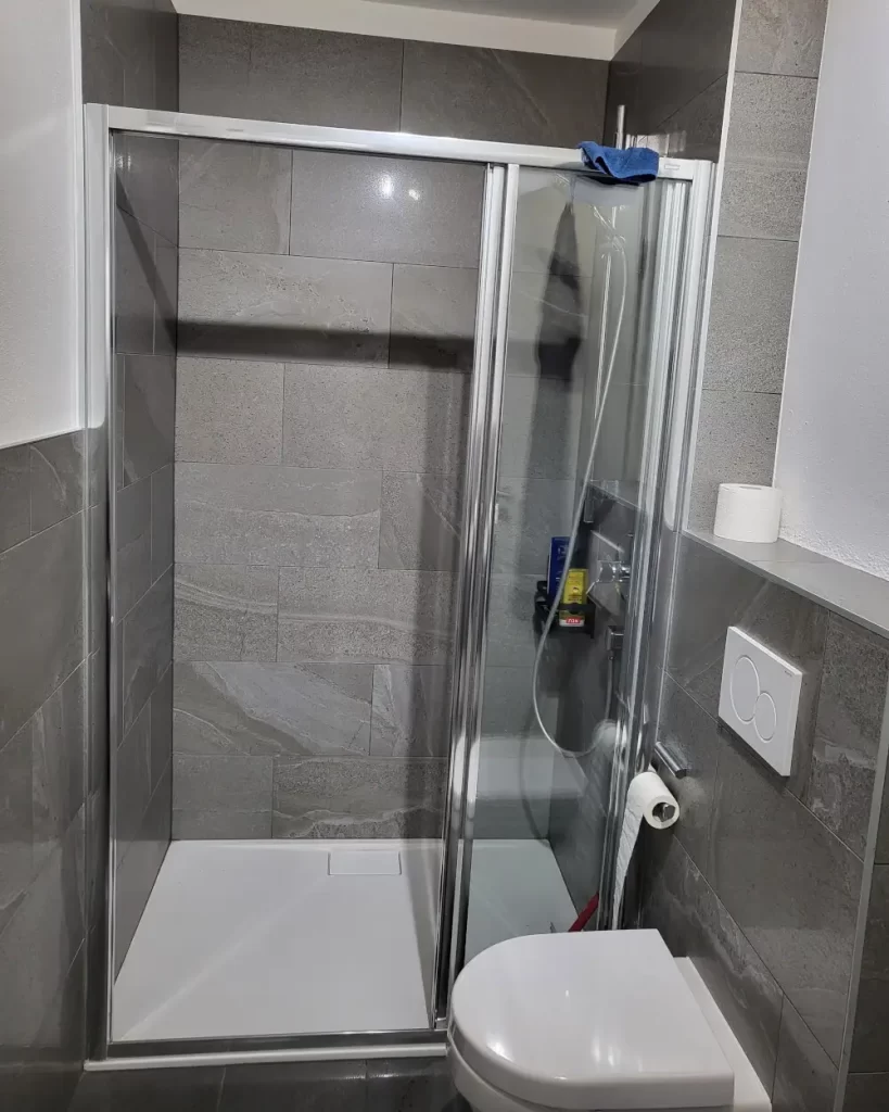 Altbestand- Funktionale Dusche mit WC in dunklem Fliesendesign