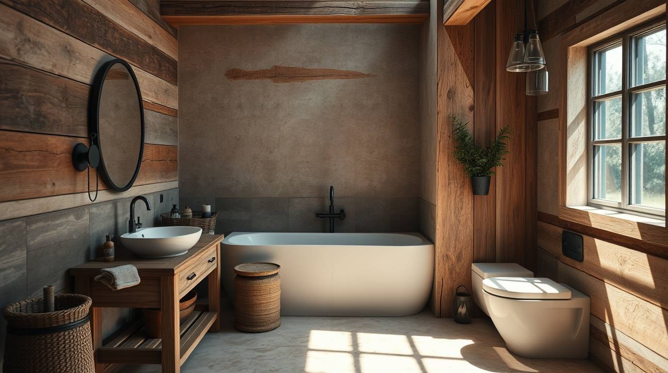Gemütliches Badezimmer im Landhausstil mit natürlichen Materialien und warmen Farben