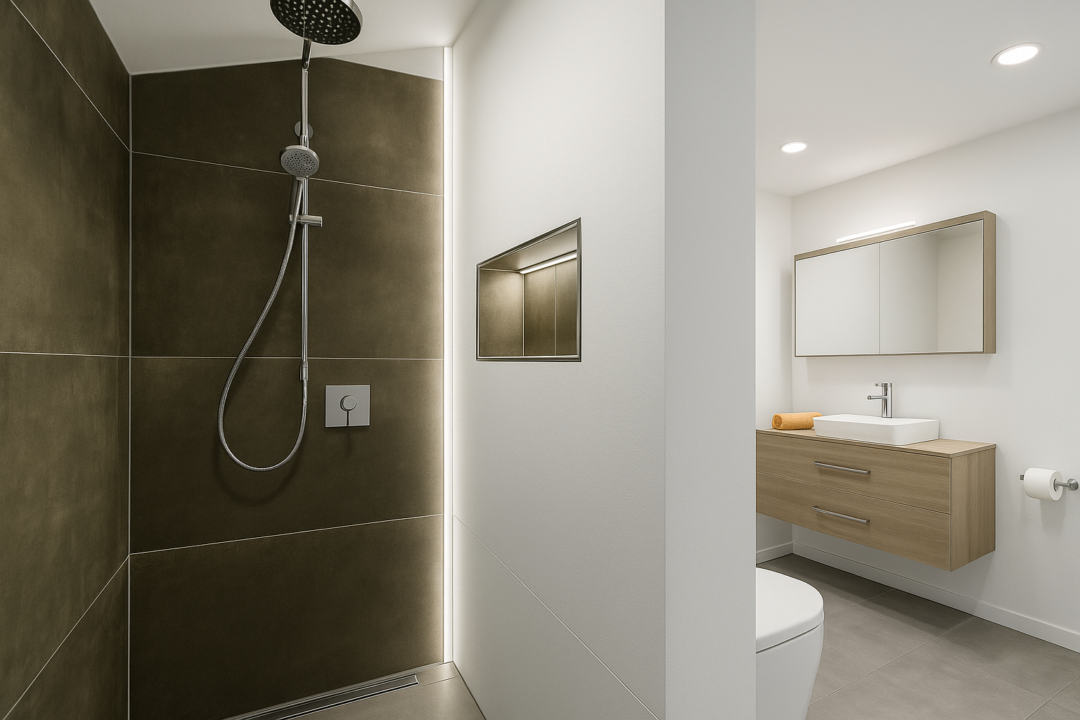 Platzsparende Walk-In-Dusche in T-Lösung integriert