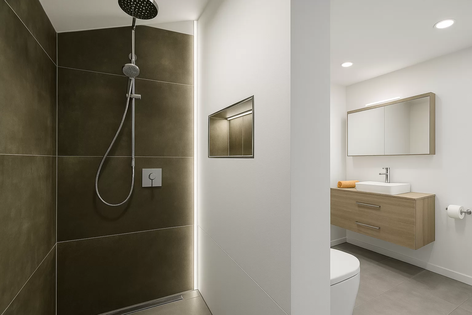 Platzsparende Walk-In-Dusche in T-Lösung integriert
