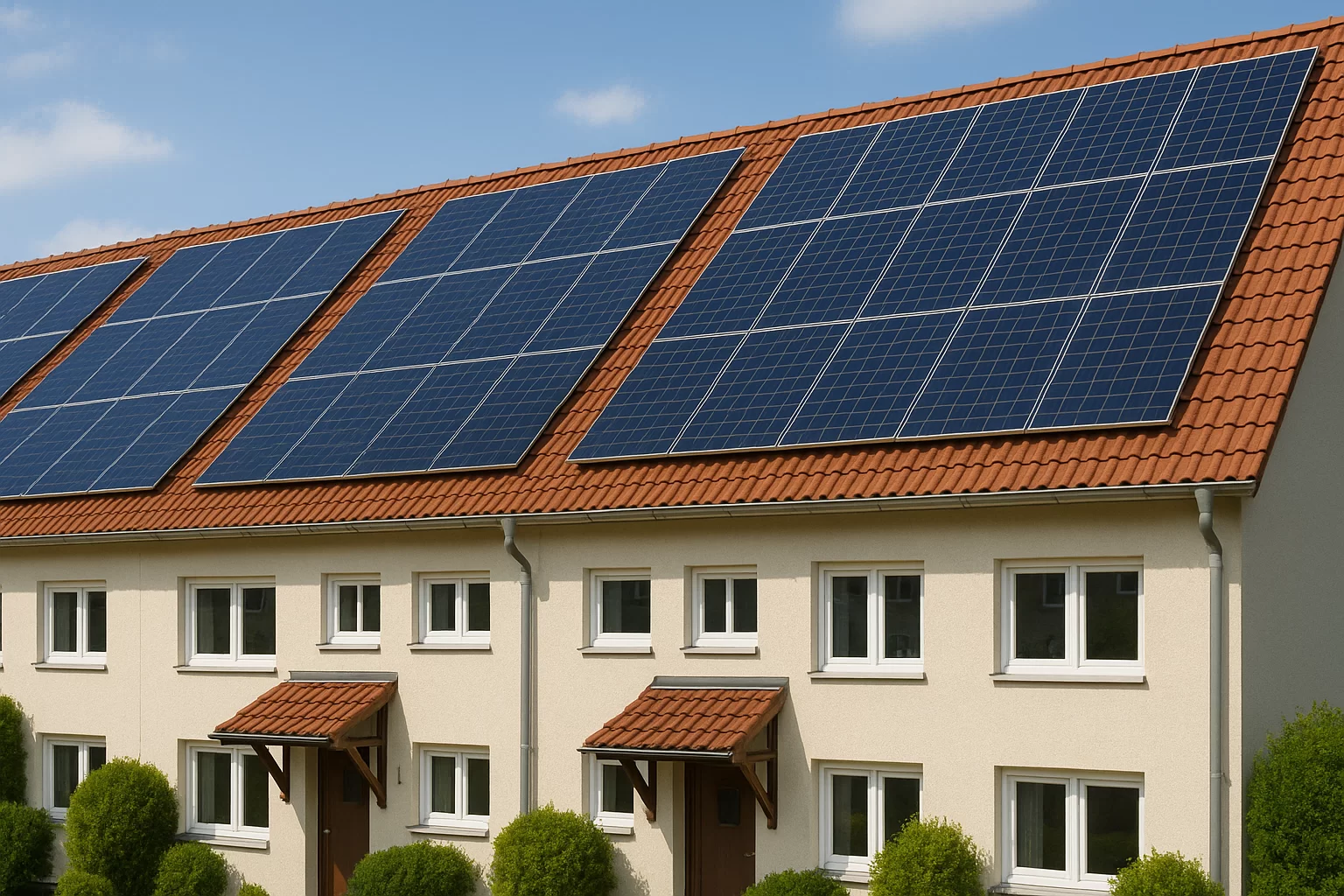 Energetische Sanierung eines Reihenhauses: Was bedeutet das? Illustration eines modernisierten Reihenhauses