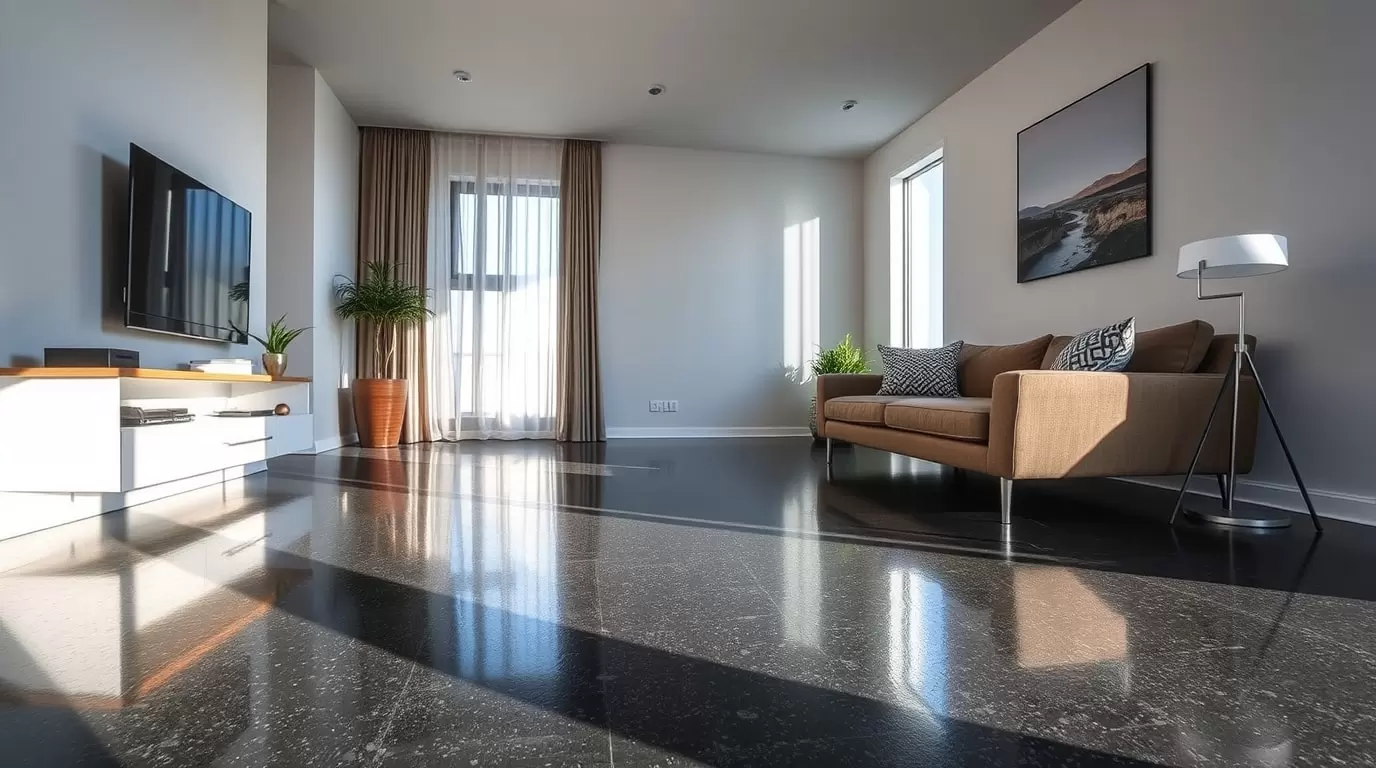 Ein Gussasphaltboden mit Fußbodenheizung, der in einem modernen Raum installiert ist.