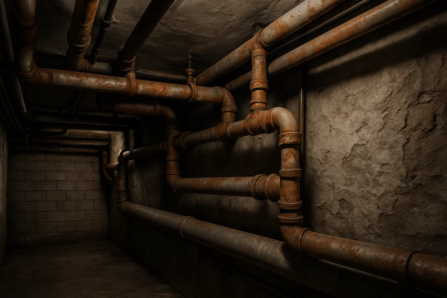 Verrostete und verkalkte Wasserrohre in einem alten Gebäude