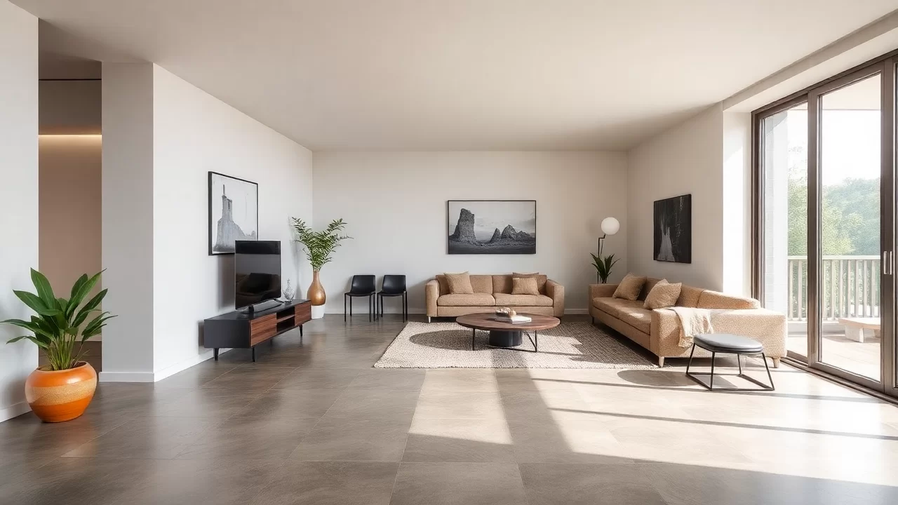 Ein Wohnzimmer mit moderner Fußbodenheizung, die für Kühlung genutzt wird.