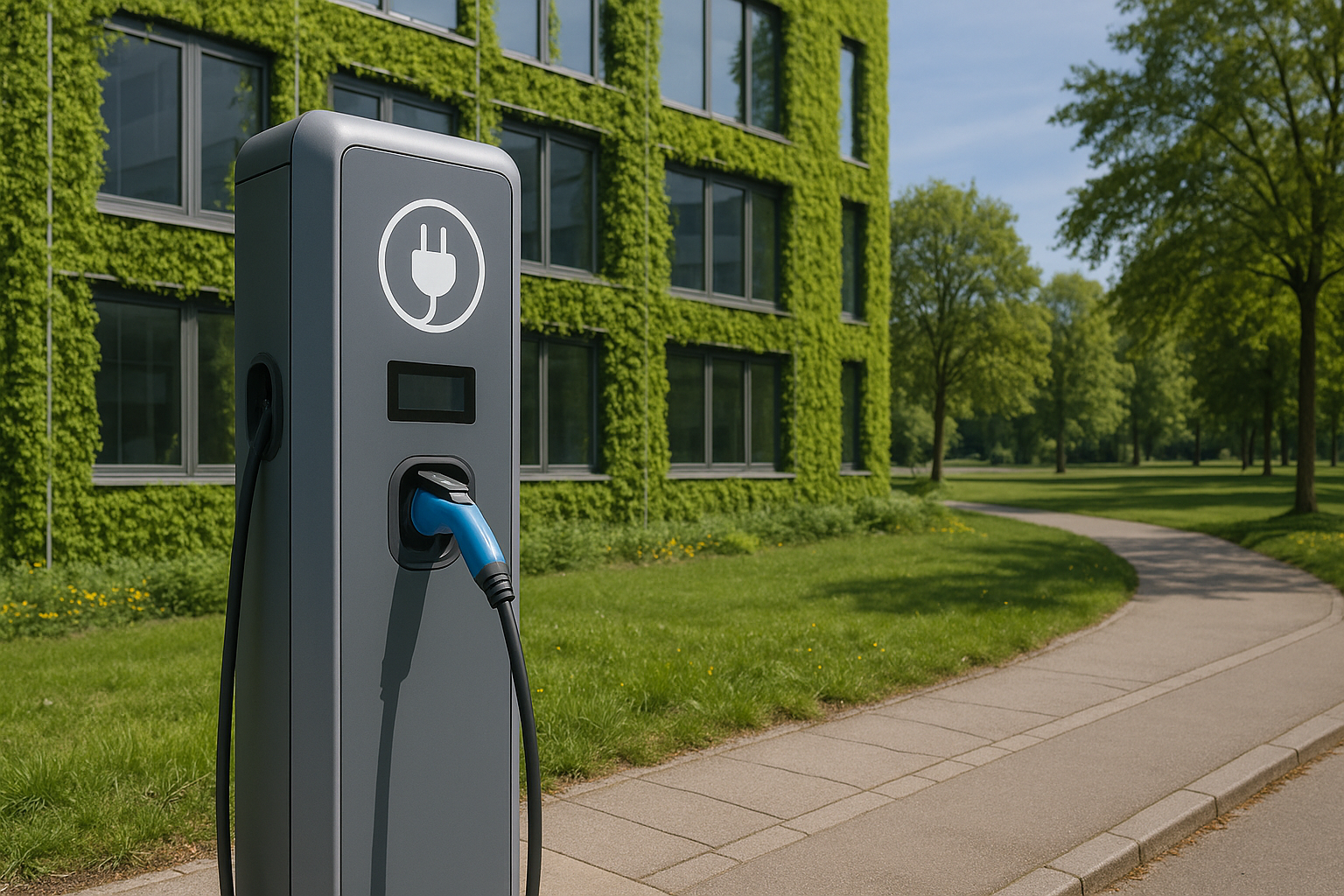Illustration einer begrünten Außenanlage mit Verkehrsflächen und Elektrofahrzeug-Ladesäulen