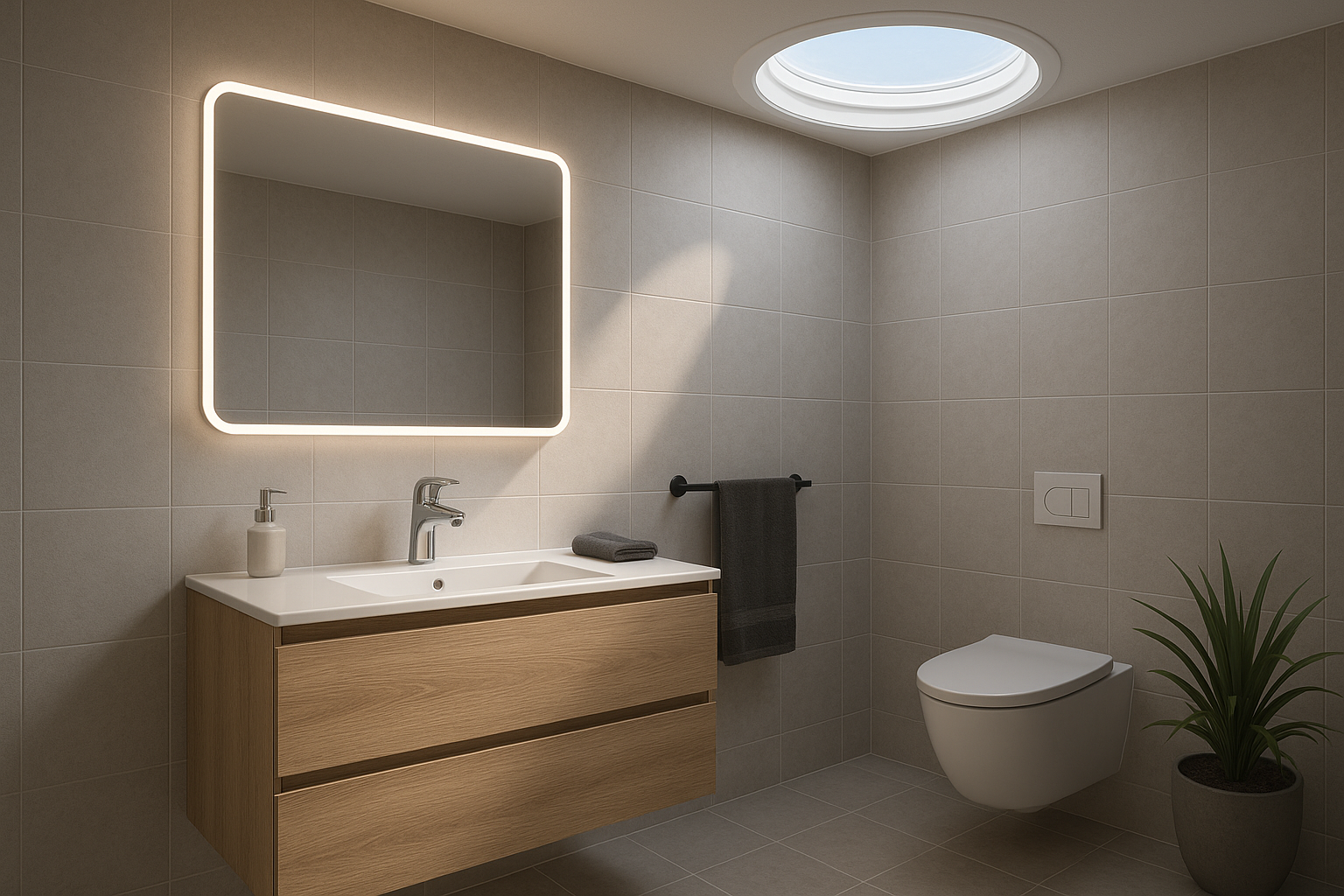 Lichtkonzepte. Ein gut beleuchtetes Gäste-WC mit blendfreier Beleuchtung und beleuchtetem Kosmetikspiegel für optimale Lichtverhältnisse.