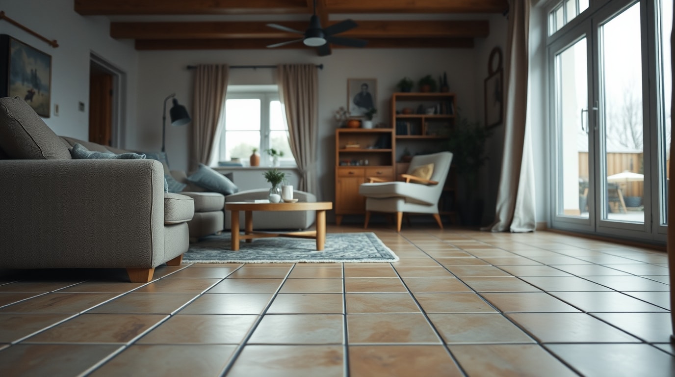 Wohnzimmer mit Fliesenboden
