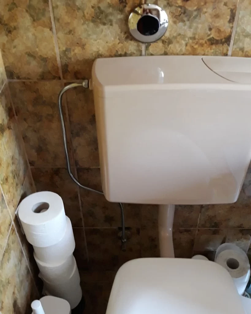 WC-Bereich mit klassischem Aufputz-Spülkasten und Fliesen im Retro-Stil
