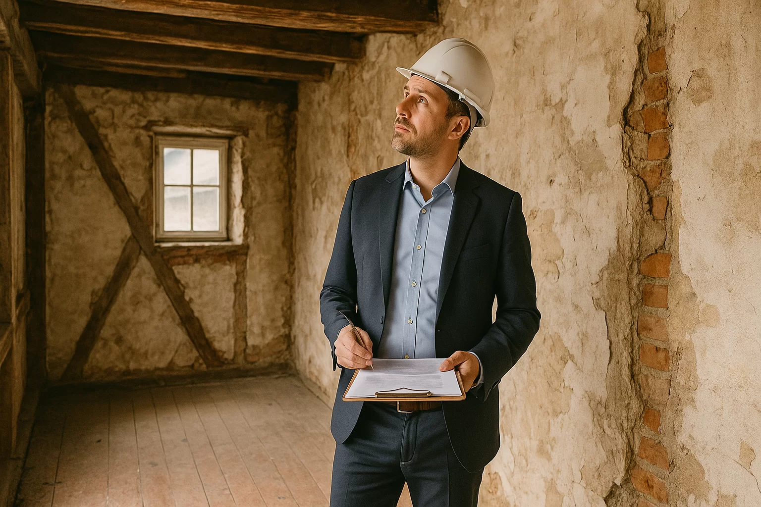 Ein Architekt besichtigt ein Haus vor der Sanierung