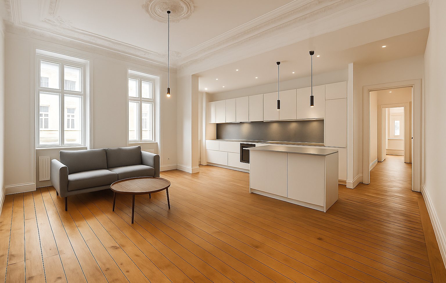 Altbau-Charakter erhalten und modernisieren. Ein Raum mit historischen Elementen und moderner Einrichtung.