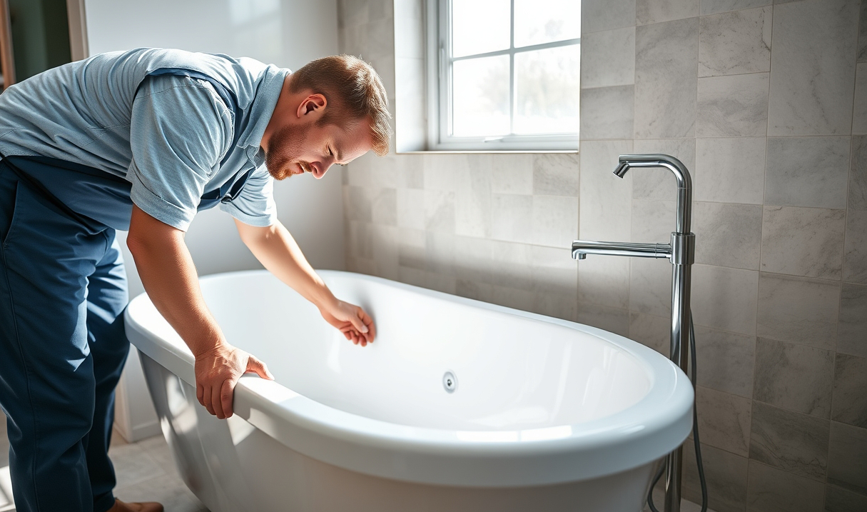 Handwerker installiert eine Badewanne