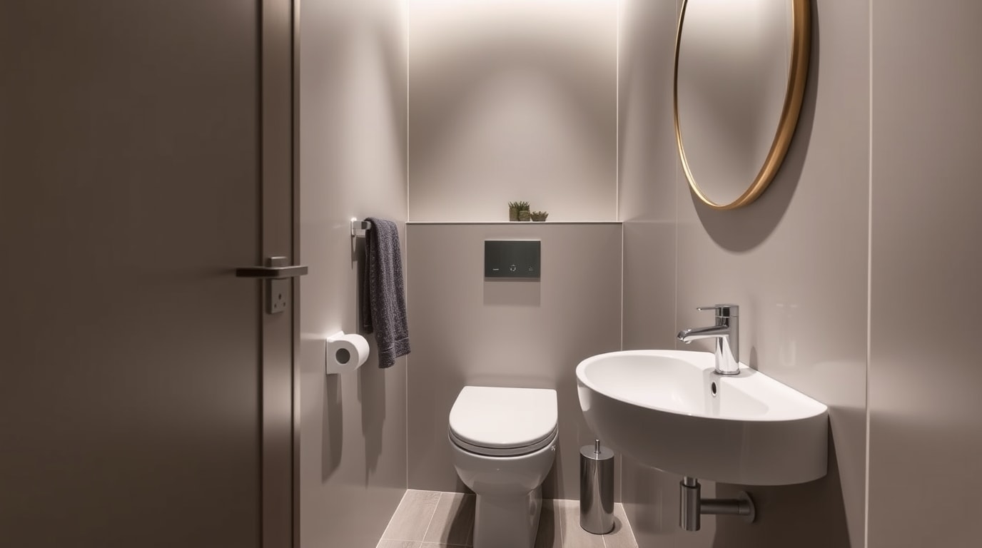 Sanitärinstallationen und Ausstattung. Ein stilvolles und platzsparendes Gäste-WC-Design mit modernen Sanitärmöbeln und Waschbecken.