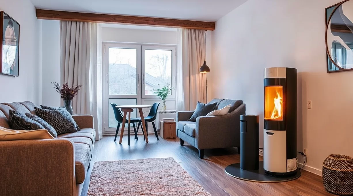 Eine Pelletheizung in Kombination mit einer Fußbodenheizung in einem modernen Wohnraum.