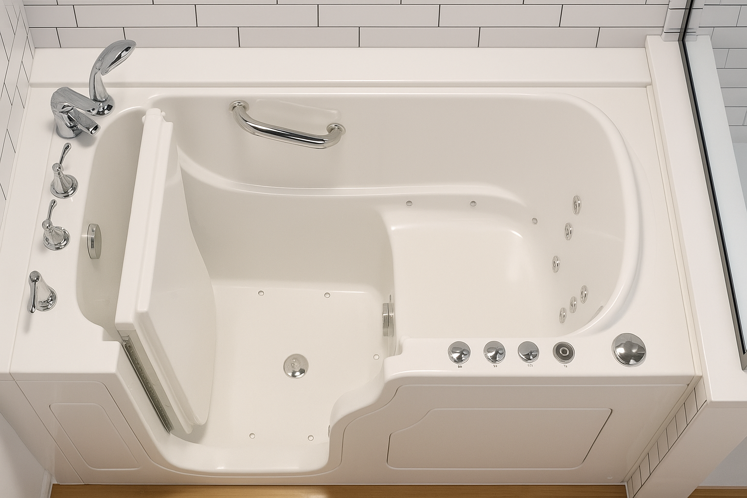 Ein rutschfester Haltegriff in einer begehbaren Badewanne, der die Sicherheit beim Baden erhöht