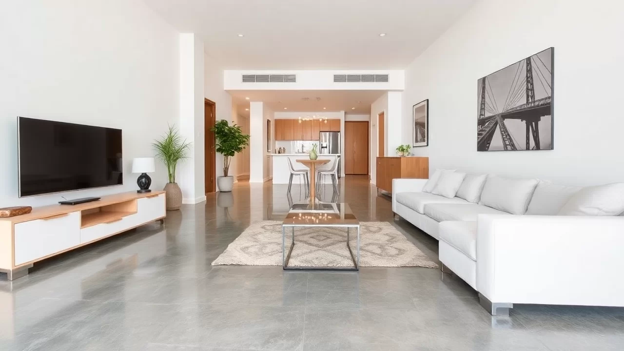 Wohnraum mit Estrichboden über Fußbodenheizung.