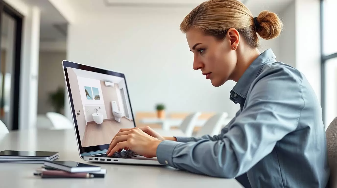 Ein 3D-Badplaner-Tool auf einem Computerbildschirm, das die Visualisierung eines Badezimmers zeigt