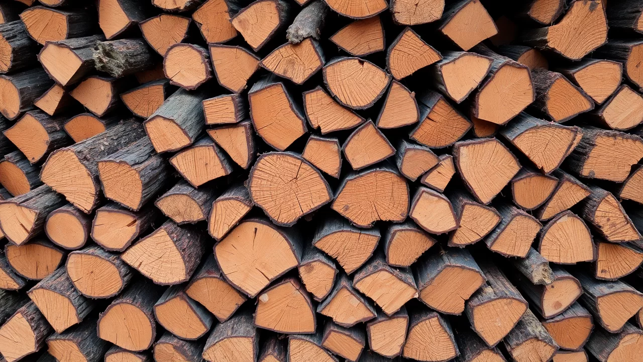 Holzscheite als Hauptbrennstoff für die römische Fußbodenheizung, die in einem Heizraum gelagert sind.