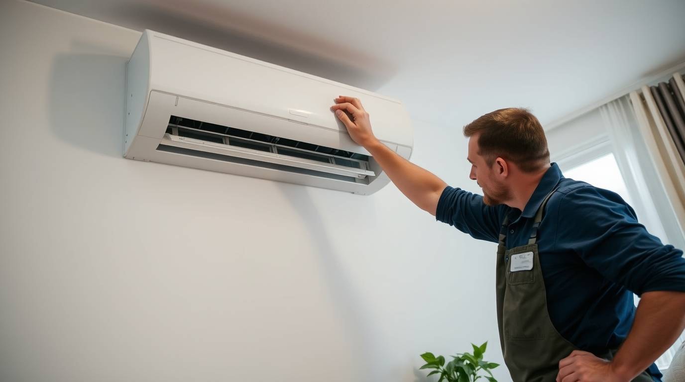 Eine Person, die ein Klimagerät für die Wohnung wartet und pflegt.