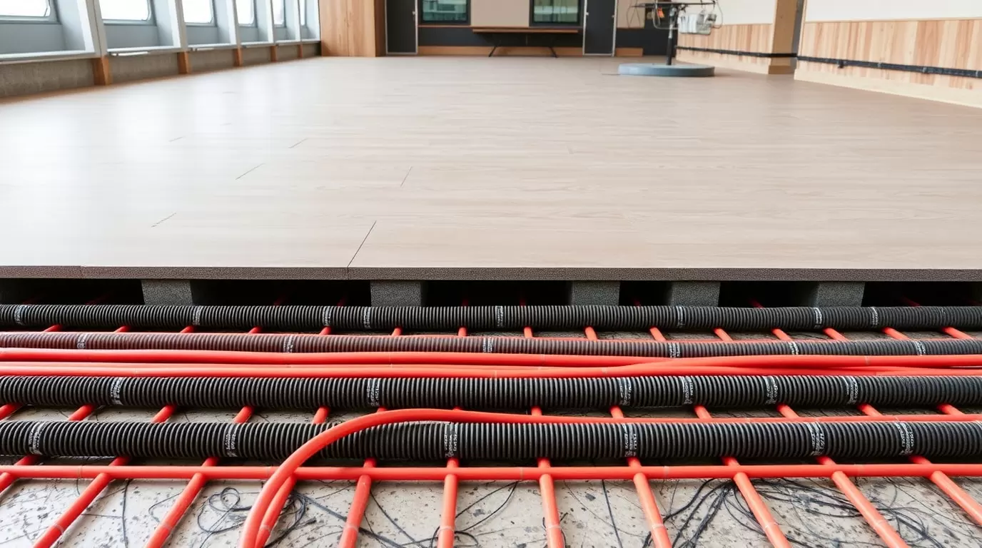 Moderne Fußbodenheizungssysteme im Vergleich zu römischen Techniken, sichtbar in einem modernen Raum.