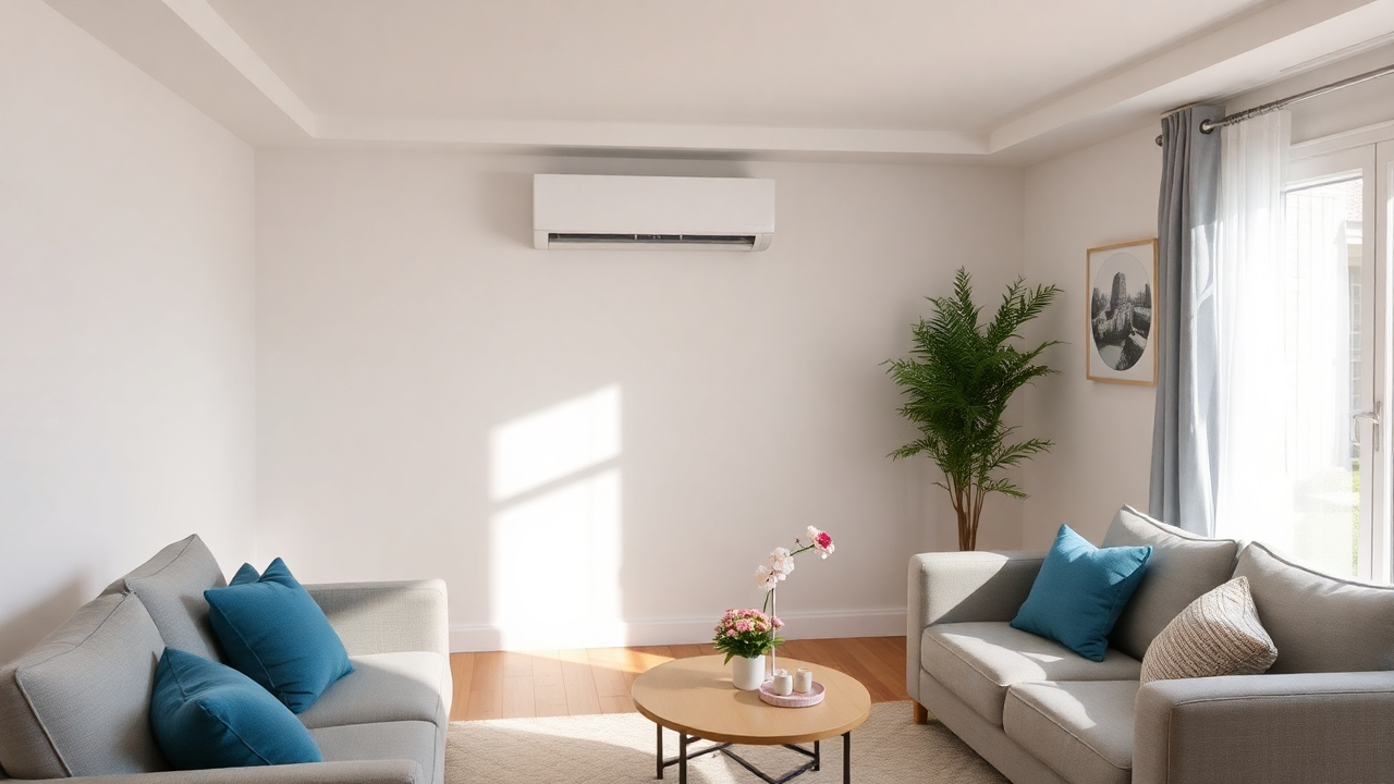 Eine Split-Klimaanlage, die kühlt, sorgt für eine angenehme Raumtemperatur während des heißen Sommertages.