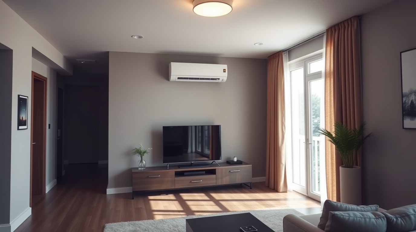 Ein Klimagerät für die Wohnung, das in einem modernen Wohnraum installiert ist.