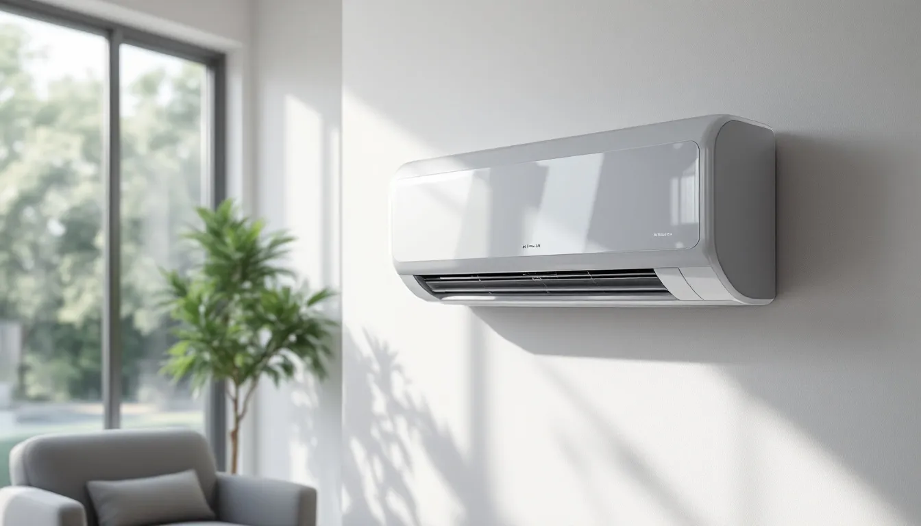 Eine kleine Luft-Luft-Wärmepumpe in einem modernen Wohnzimmer.