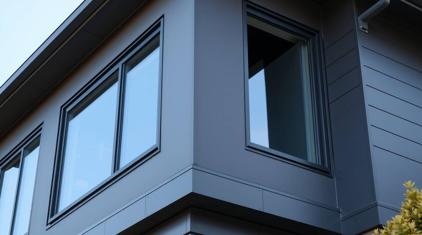 Moderne anthrazitfarbene Fenster an Hausfassade