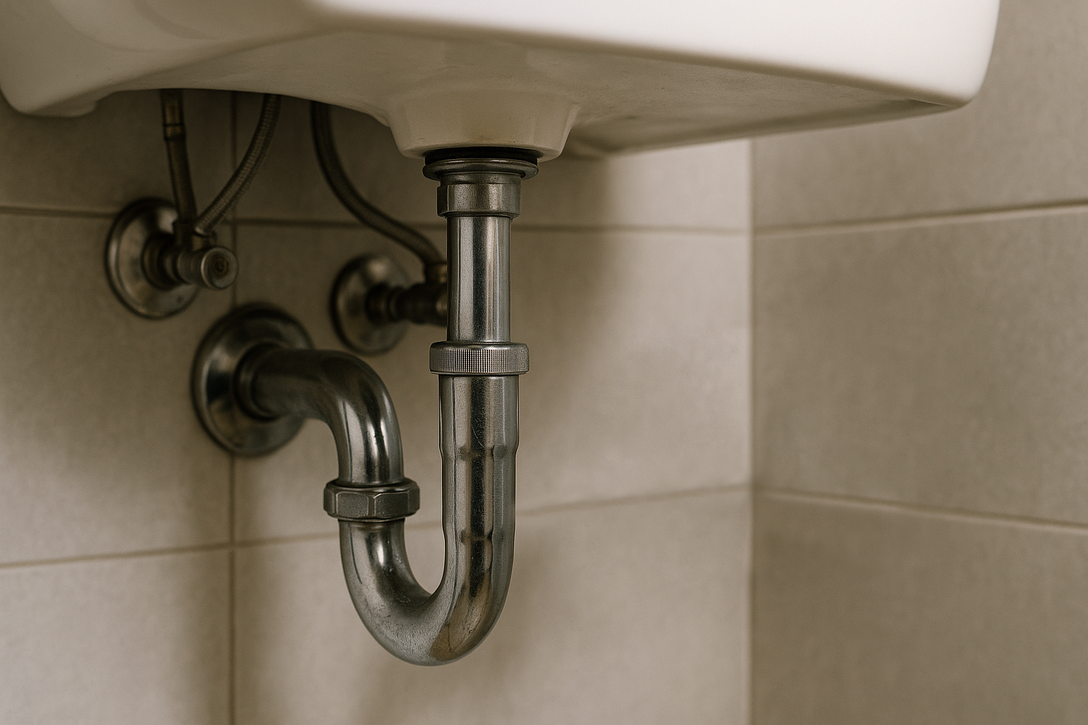 Illustration eines u-förmigen Siphons mit Verbindung zum Waschbecken und Abwasserrohr