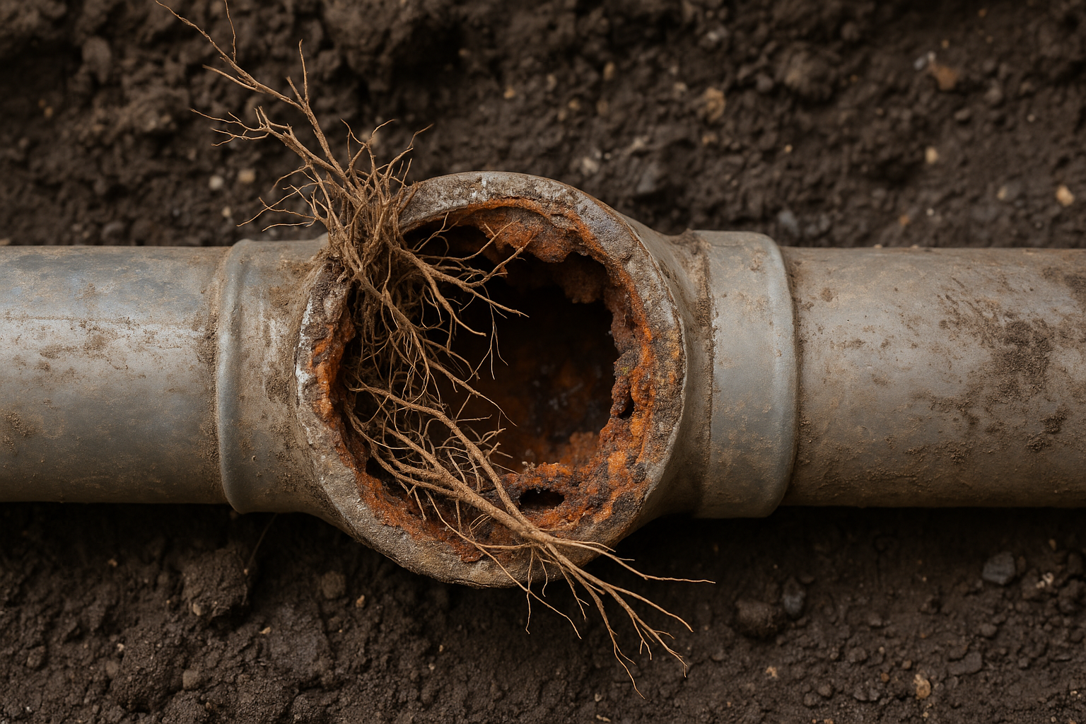 Abflussrohrsanierung: Ein beschädigtes Abflussrohr mit Wurzeleinwuchs und Korrosion