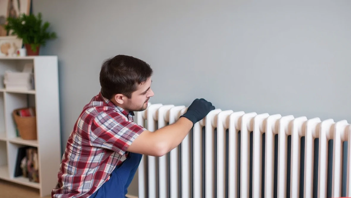 Ein Fachmann wartet ein Heizkörper