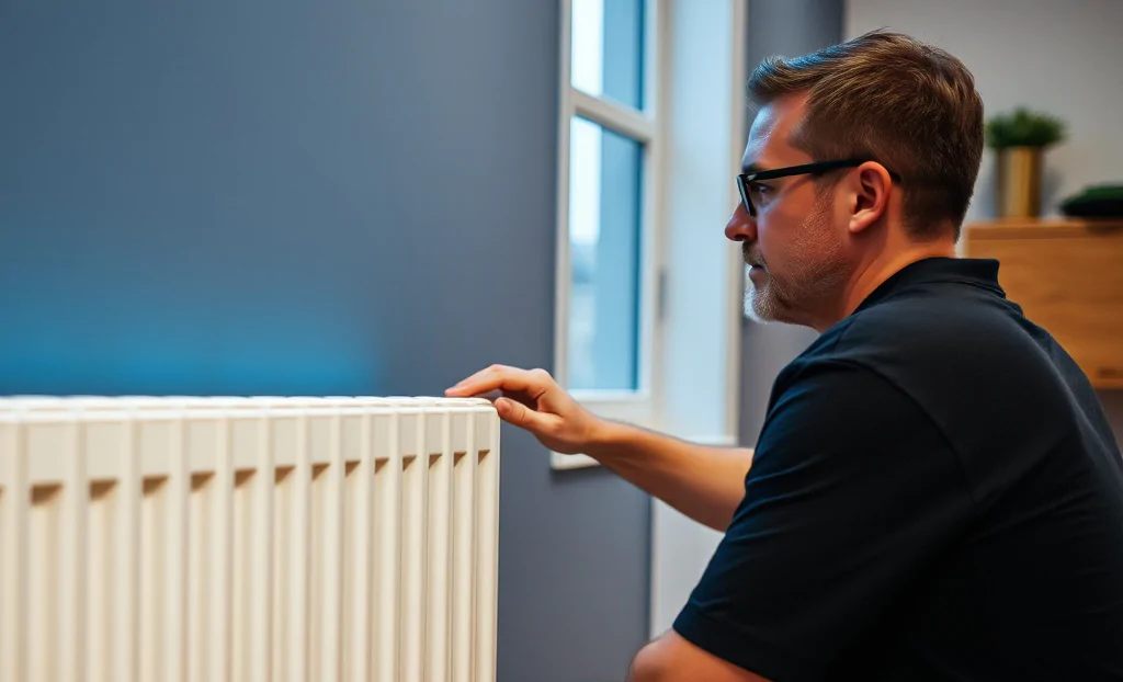 Ein Mann testet die Heizkörperwärme