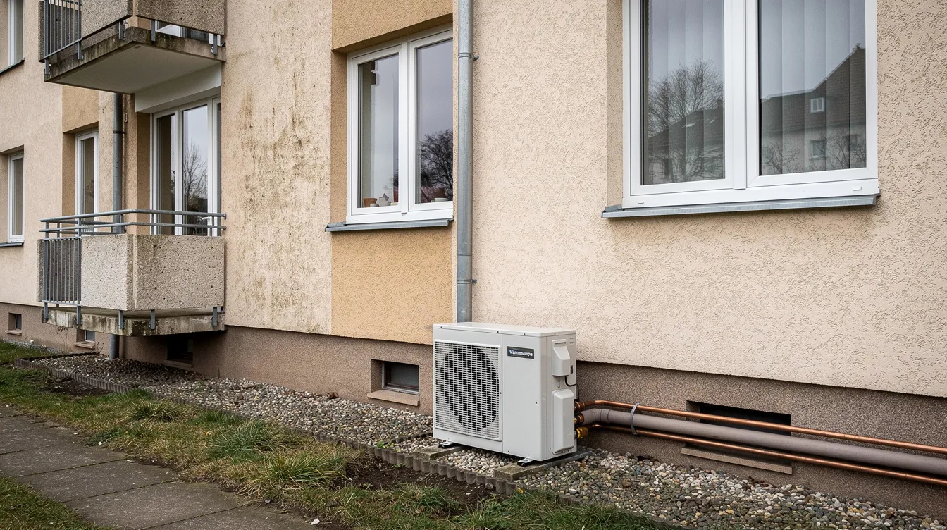 Das Bild zeigt eine Luftwärmepumpe, die an der Außenwand eines typischen 70er Jahre Gebäudes installiert ist. Die Wärmepumpe nutzt die Umgebungsluft als Wärmequelle, um das Haus effizient zu heizen und ist Teil moderner Heizungstechnologie.