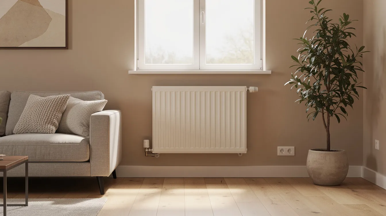 Im Wohnzimmer befindet sich ein moderner Heizkörper, der mit einer Wärmepumpe betrieben wird. Die Kombination aus Wärmepumpe und Heizkörpern sorgt für eine effiziente Wärmeabgabe und angenehme Temperaturen im Raum.