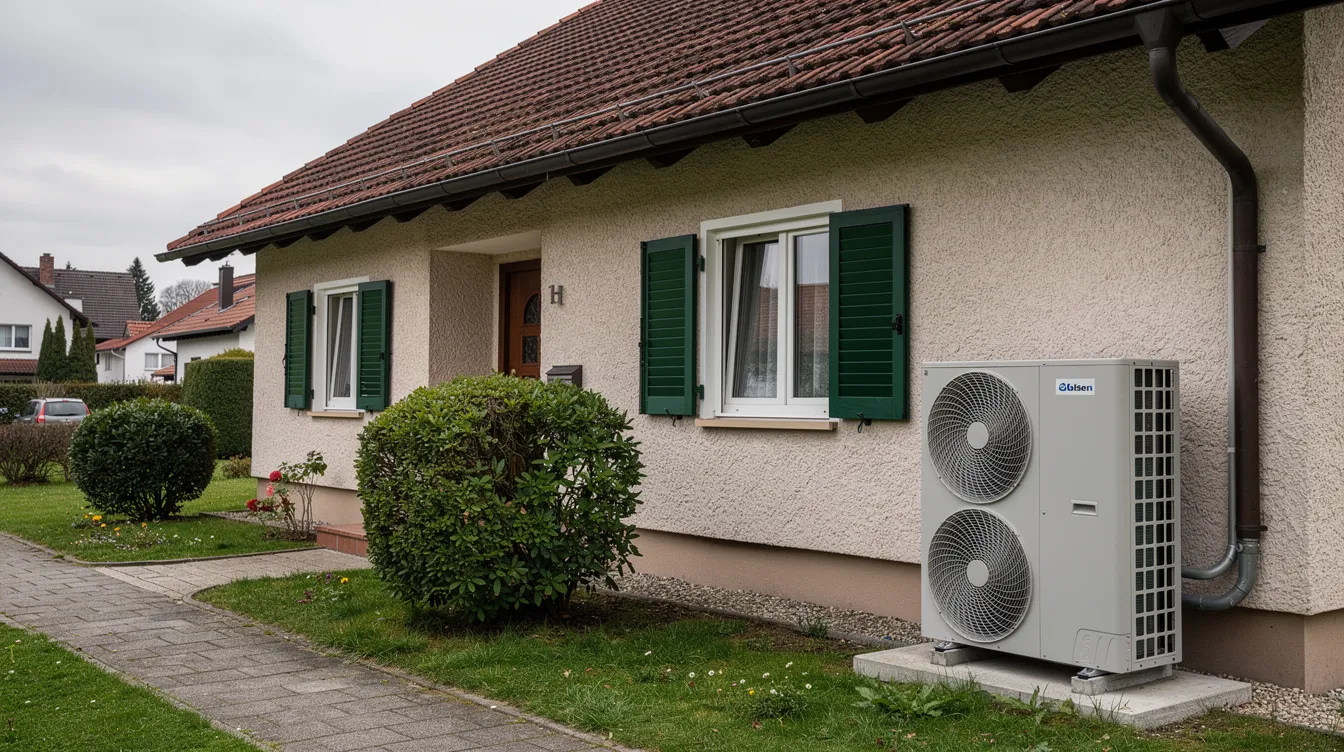 Das Bild zeigt eine Split-Wärmepumpe, die vor einem typisch 60er Jahre Haus in Süddeutschland installiert ist. Die Außeneinheit der luft wasser wärmepumpe ist deutlich sichtbar, während das Gebäude im Hintergrund eine klassische Architektur dieser Zeit präsentiert.